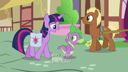 Size: 1920x1080 | Tagged: safe, screencap, meadow song, spike, twilight sparkle, alicorn, dragon, pony, a trivial pursuit, g4, bag, book, saddle bag, twilight sparkle (alicorn), winged spike, wings