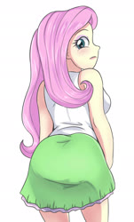 Size: 1309x2172 | Tagged: safe, artist:sumin6301, fluttershy, equestria girls, ass, butt, clothes, female, flutterbutt, looking at you, looking back, looking back at you, miniskirt, simple background, skirt, solo, white background