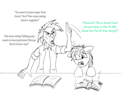 Size: 1080x839 | Tagged: safe, artist:blazelupine, oc, oc:pickles, human, pony, unicorn, book, burned book, crossover, jackie chan adventures, monochrome, one eye closed, simple background, text, traditional art, uncle chan, white background