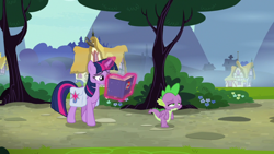 Size: 1920x1080 | Tagged: safe, screencap, spike, twilight sparkle, alicorn, dragon, pony, a trivial pursuit, g4, bag, book, saddle bag, tired, twilight sparkle (alicorn), winged spike, wings