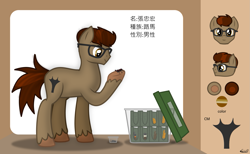Size: 1465x900 | Tagged: safe, artist:99999999000, oc, oc only, oc:zhang zhonghong, beetle, earth pony, insect, pony, rhinoceros beetle, chinese, glasses, male, reference sheet, solo