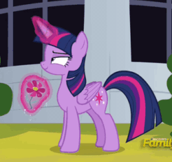 Size: 324x306 | Tagged: safe, screencap, twilight sparkle, alicorn, pony, g4, sparkle's seven, animated, cropped, cute, female, flower, sniffing, solo, twiabetes, twilight sparkle (alicorn), waving