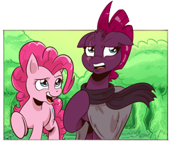 Size: 1443x1176 | Tagged: safe, artist:saturdaymorningproj, pinkie pie, tempest shadow, earth pony, pony, unicorn, g4, blushing, broken horn, clothes, eye scar, floppy ears, horn, implied shipping, implied straight, implied tempestmac, open mouth, scar, scarf, tree