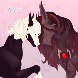 Size: 1200x1200 | Tagged: safe, artist:dementra369, oc, oc only, oc:daniel crime, demon, earth pony, pony, holiday, looking at each other, male, shipping, stallion, valentine's day