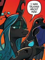 Size: 791x1047 | Tagged: safe, artist:andypriceart, idw, official comic, queen chrysalis, changeling, fiendship is magic, g4, comic panel, hasbro, petting, red background, simple background