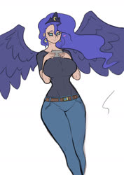 Size: 1240x1754 | Tagged: safe, artist:franschesco, princess luna, human, g4, big breasts, blushing, breasts, busty princess luna, cellphone, horn, horned humanization, humanized, phone, simple background, smartphone, watching, white background, winged humanization, wings