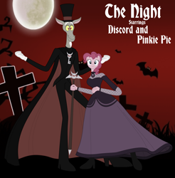 Size: 3943x4000 | Tagged: safe, discord, pinkie pie, vampire, anthro, plantigrade anthro, g4, blackletter, cape, clothes, crossover, daria cohen, dress, female, fishnet clothing, fishnet stockings, gravestone, graveyard, hat, male, missi and the duke, moon, red sky, ship:discopie, shipping, smiling, straight, the night, top hat