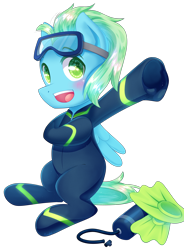 Size: 2774x3775 | Tagged: safe, artist:patchnpaw, oc, oc only, oc:sea glow, pegasus, pony, air tank, dive mask, flippers (gear), high res, scuba gear, simple background, solo, transparent background, wetsuit