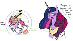 Size: 1243x706 | Tagged: safe, artist:jargon scott, fizzlepop berrytwist, tempest shadow, twilight sparkle, oc, oc:puffpad, alicorn, pony, unicorn, g4, the last problem, armor, broken horn, caution sign, clothes, daughter, dialogue, exclamation point, eye scar, eyes closed, female, filly, hamster ball, helicopter parents, helmet, hidden eyes, horn, mare, mother, mother and child, mother and daughter, offspring, older, older tempest shadow, older twilight, older twilight sparkle (alicorn), overprotective, parent:tempest shadow, pillow, pillow armor, princess twilight 2.0, raised hoof, scar, simple background, twilight sparkle (alicorn), white background