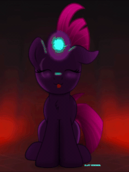 Size: 600x797 | Tagged: safe, artist:bastbrushie, part of a set, tempest shadow, pony, unicorn, g4, my little pony: the movie, :3, :p, animated, bastbrushie is trying to kill us, blushing, cute, daaaaaaaaaaaw, dancing, evil, eyes closed, female, gif, happy, horn, lightning, magic, open up your eyes, raspberry, silly, silly pony, sitting, solo, sparking horn, tempestbetes, tongue out, weapons-grade cute