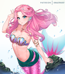 Size: 1100x1250 | Tagged: safe, artist:draltruist, fluttershy, mermaid, monster girl, starfish, g4, anime, belly button, breasts, busty fluttershy, crossover, cute, digital art, dragon quest (game), ear fins, female, gills, jewelry, mermaidized, michelle (dragon quest), midriff, necklace, seashell bra, shell, shyabetes, smiling, solo, species swap, underwater