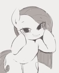 Size: 940x1161 | Tagged: safe, artist:manachaaaaaaaa, pinkie pie, earth pony, pony, semi-anthro, g4, arm hooves, bipedal, cute, cuteamena, diapinkes, eye clipping through hair, female, grayscale, hoof on cheek, looking at you, mare, monochrome, pinkamena diane pie, pixiv, simple background, smiling, smug, solo, white background