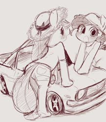 Size: 1023x1176 | Tagged: safe, artist:manachaaaaaaaa, applejack, pinkie pie, semi-anthro, g4, arm hooves, car, clothes, cute, diapinkes, duo, female, hat, jackabetes, looking at you, looking back, looking back at you, monochrome, open mouth, pixiv, shorts, simple background, white background