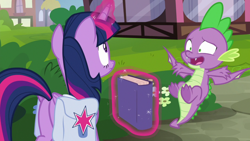 Size: 1920x1080 | Tagged: safe, screencap, spike, twilight sparkle, alicorn, dragon, pony, a trivial pursuit, g4, bag, book, butt, glowing, glowing horn, horn, magic, plot, saddle bag, telekinesis, twilight sparkle (alicorn), winged spike, wings