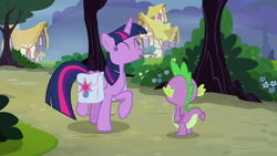 Size: 1920x1080 | Tagged: safe, screencap, spike, twilight sparkle, alicorn, dragon, pony, a trivial pursuit, g4, bag, happy, saddle bag, tree, twilight sparkle (alicorn), winged spike, wings