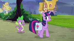 Size: 1920x1080 | Tagged: safe, screencap, spike, twilight sparkle, alicorn, dragon, pony, a trivial pursuit, g4, bag, saddle bag, tree, twilight sparkle (alicorn), winged spike, wings