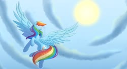 Size: 1280x699 | Tagged: safe, artist:sunriseauburn, rainbow dash, pegasus, pony, g4, cloud, female, flying, mare, sky, smiling, spread wings, sun, wings
