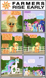 Size: 3254x5484 | Tagged: safe, artist:gutovi, applejack, fluttershy, pinkie pie, princess celestia, princess luna, rainbow dash, rarity, twilight sparkle, alicorn, earth pony, pegasus, pony, unicorn, comic:why me!?, g4, accent, alternate ending, alternate hairstyle, applelestia, clop, comic, female, gasp, lesbian, mane six, mare, missing accessory, music notes, pigtails, raised hoof, shipping, shipping denied, show accurate, singing, song reference, stevie wonder, sun, sunrise, sweet apple acres, twilight sparkle (alicorn), y'all