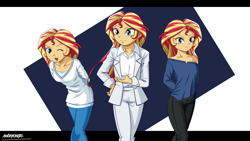 Size: 2560x1440 | Tagged: safe, artist:ngrycritic, sunset shimmer, human, equestria girls, g4, alternate clothes, arm behind back, bare shoulders, bent over, clothes, female, hands behind back, letterboxing, looking at you, one eye closed, pants, solo, style emulation, suit, uotapo-ish, wink