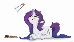 Size: 3643x2072 | Tagged: safe, artist:ratann, rarity, pony, unicorn, g4, alternate hairstyle, blushing, chopsticks, cute, eyes closed, female, food, high res, magic, mare, meat, messy mane, open mouth, ponies eating meat, prone, raribetes, simple background, solo, sushi, telekinesis, white background