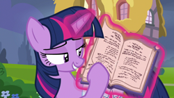 Size: 1920x1080 | Tagged: safe, screencap, twilight sparkle, alicorn, pony, a trivial pursuit, g4, bag, book, female, glowing horn, grin, horn, magic, mare, saddle bag, smiling, solo, telekinesis, twilight sparkle (alicorn)