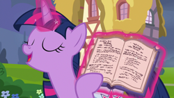 Size: 1920x1080 | Tagged: safe, screencap, twilight sparkle, alicorn, pony, a trivial pursuit, g4, bag, book, female, saddle bag, solo, twilight sparkle (alicorn)