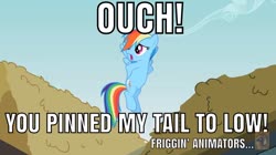 Size: 1280x719 | Tagged: safe, edit, edited screencap, screencap, rainbow dash, g4, the mysterious mare do well, animation error, caption, cloud, flying, image macro, meme, ouch, sky, text