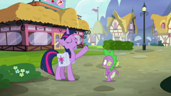 Size: 1920x1080 | Tagged: safe, screencap, spike, twilight sparkle, alicorn, dragon, pony, a trivial pursuit, g4, bag, saddle bag, twilight sparkle (alicorn), winged spike, wings