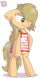 Size: 782x1531 | Tagged: safe, artist:rainbow eevee, oc, oc only, oc:grith courage, earth pony, pony, apron, bipedal, brown eyes, clothes, cute, female, lidded eyes, simple background, smiling, smirk, solo, text, transparent background