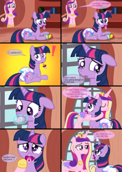 Size: 1350x1912 | Tagged: safe, artist:diaperdude, princess cadance, twilight sparkle, alicorn, pony, unicorn, comic:a foalish mind, g4, abdl, adult foal, caught, comic, crying, cute, diaper, diaper fetish, diapered, duo, duo female, exclamation point, female, fetish, floppy ears, non-baby in diaper, pacifier, product placement, sad, sadorable, sisters-in-law, smiling, teary eyes, twiabetes, unicorn twilight