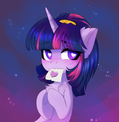 Size: 1972x2024 | Tagged: safe, artist:empress-twilight, twilight sparkle, pony, unicorn, g4, alternate hairstyle, blushing, chest fluff, cute, daaaaaaaaaaaw, ear fluff, eyebrows, eyebrows visible through hair, female, heart, heart eyes, hooves together, i can't believe it's not magnaluna, letter, love letter, mare, mouth hold, paper, solo, style emulation, twiabetes, unicorn twilight, wingding eyes