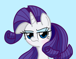 Size: 2652x2068 | Tagged: safe, artist:lovehtf421, rarity, pony, unicorn, g4, blue background, bust, cute, female, high res, looking at you, mare, one ear down, portrait, raribetes, rarity is not amused, simple background, solo, unamused