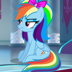 Size: 1000x1000 | Tagged: safe, artist:cencerberon, artist:php185, edit, editor:php185, rainbow dash, pegasus, pony, g4, alternate hairstyle, bow, female, hair bow, lidded eyes, mare, sexy, show accurate, sitting, smiling, smirk, solo