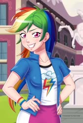 Size: 600x890 | Tagged: safe, artist:eli-pic, rainbow dash, human, g4, canterlot high, clothes, cute, dashabetes, equestria girls outfit, female, grin, hand on hip, human coloration, humanized, smiling, solo