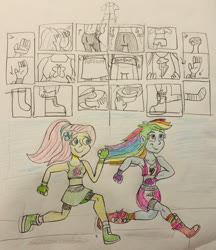 Size: 400x462 | Tagged: safe, artist:13mcjunkinm, fluttershy, rainbow dash, equestria girls, g4, boxing boots, boxing shoes, boxing shorts, boxing skirt, clothes, comic, cycling shorts, exeron fighters, exeron gloves, exeron outfit, fingerless gloves, gloves, jogging, martial arts kids, martial arts kids outfits, montage, mouth guard, socks, sports bra, traditional art