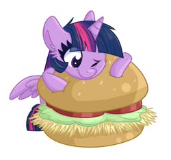 Size: 1500x1400 | Tagged: safe, artist:lbrcloud, twilight sparkle, alicorn, pony, g4, burger, cheek fluff, chibi, cute, ear fluff, female, food, hay burger, hug, mare, one eye closed, simple background, smiling, solo, twiabetes, twilight burgkle, twilight sparkle (alicorn), white background, wink