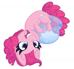 Size: 1400x1300 | Tagged: safe, artist:lbrcloud, pinkie pie, earth pony, pony, g4, balloon, cheek fluff, chibi, cute, diapinkes, ear fluff, female, mare, open mouth, simple background, smiling, solo, that pony sure does love balloons, upside down, white background