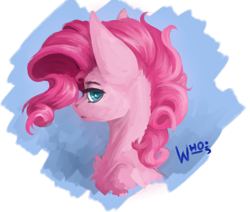 Size: 1280x1083 | Tagged: safe, artist:xzjeep, pinkie pie, earth pony, pony, g4, alternate hairstyle, blue background, bust, digital painting, female, lidded eyes, looking at you, mare, poofy pie, portrait, profile, semi-realistic, simple background, solo, transparent background, wavy mane