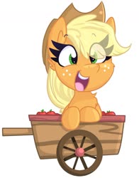 Size: 1162x1479 | Tagged: safe, artist:lbrcloud, applejack, earth pony, pony, g4, apple, apple cart, cart, cheek fluff, chest fluff, chibi, cute, ear fluff, eye clipping through hair, female, food, jackabetes, mare, open mouth, simple background, smiling, solo, white background