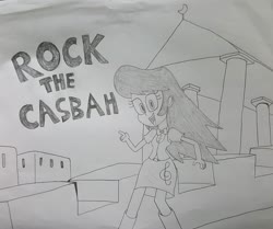 Size: 1485x1240 | Tagged: safe, artist:octascratchrock, octavia melody, equestria girls, g4, black and white, casbah, clothes, female, grayscale, looking at you, monochrome, rock the casbah, simple background, solo, song reference, the clash, traditional art, white background