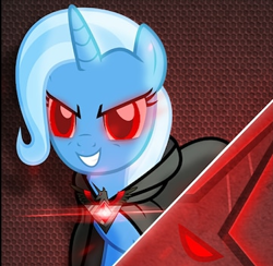 Size: 359x351 | Tagged: safe, artist:iithunderboltii, edit, trixie, pony, unicorn, g4, alicorn amulet, cape, clothes, evil smile, evil trixie, female, grin, mare, red eyes, smiling, solo, wallpaper