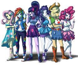Size: 2200x1850 | Tagged: safe, artist:gpwlghr123, applejack, fluttershy, pinkie pie, rainbow dash, rarity, sci-twi, twilight sparkle, human, equestria girls, g4, my little pony equestria girls: better together, adjusting glasses, anime style, beckoning, breasts, busty applejack, busty fluttershy, busty mane six, busty pinkie pie, busty rainbow dash, busty rarity, busty sci-twi, busty twilight sparkle, cleavage, converse, crossed arms, female, geode of fauna, geode of shielding, geode of sugar bombs, geode of super speed, geode of super strength, geode of telekinesis, glasses, group shot, high res, humane five, humane six, looking at you, magical geodes, open mouth, peace sign, pose, scary shiny glasses, shoes, simple background, smiling, sneakers, white background