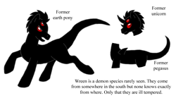 Size: 901x502 | Tagged: safe, artist:chili19, oc, oc only, demon, demon pony, original species, curved horn, horn, raised hoof, red eyes, reference sheet, simple background, text, white background