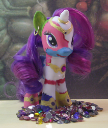 Size: 654x770 | Tagged: safe, artist:chili19, rarity, pony, unicorn, g4, customized toy, ear piercing, earring, female, frankenpony, glitter, irl, jewelry, mare, photo, piercing, solo, toy