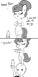 Size: 1080x2160 | Tagged: safe, artist:tjpones, oc, oc only, oc:brownie bun, oc:richard, earth pony, human, pony, bald, chest fluff, comic, dialogue, eyes closed, female, grayscale, male, monochrome, onomatopoeia, simple background, white background, yoga