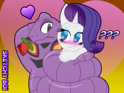 Size: 4000x3000 | Tagged: safe, artist:snakeythingy, rarity, arbok, pony, unicorn, g4, :s, bedroom eyes, blushing, chest fluff, coils, colored pupils, crack shipping, crossover, crossover shipping, female, floating heart, flower, flower in mouth, gradient background, heart, heart background, high res, interspecies, looking at each other, mare, massage, mouth hold, pokémon, question mark, rose, rose in mouth, shipping, smiling, story included, wavy mouth