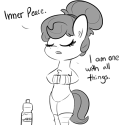 Size: 1080x1080 | Tagged: safe, artist:tjpones, part of a set, oc, oc only, oc:brownie bun, earth pony, pony, bipedal, chest fluff, comic, dialogue, eyes closed, female, grayscale, monochrome, simple background, white background, yoga