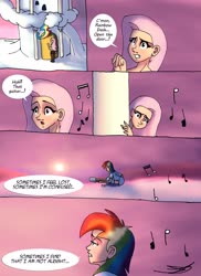 Size: 2978x4096 | Tagged: safe, artist:ringteam, fluttershy, rainbow dash, human, comic:a certain confession, g4, cloud, comic, fine on the outside, guitar, humanized, music notes, musical instrument, priscilla ahn, when marnie was there