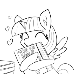 Size: 1080x1080 | Tagged: safe, artist:tjpones, twilight sparkle, alicorn, pony, g4, black and white, book, bookhorse, eyes closed, female, grayscale, heart, mare, monochrome, simple background, solo, that pony sure does love books, twilight sparkle (alicorn), white background