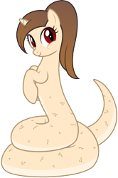 Size: 2136x3215 | Tagged: safe, artist:lightning stripe, derpibooru exclusive, oc, oc:solar blaze, lamia, original species, pony, snake, snake pony, unicorn, g4, beige coat, brown mane, coils, commission, cute, female, high res, horn, lamiafied, mare, ocbetes, ponytail, red eyes, show accurate, simple background, slit pupils, species swap, transparent background, vector